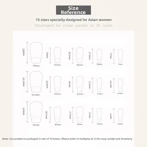 Size chart showing 15 different dimensions for handmade press-on nails with measurements