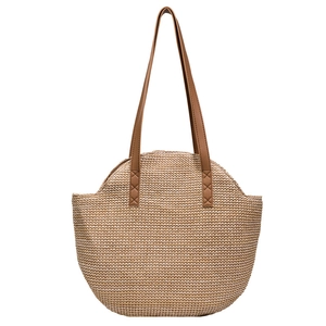Large capacity straw tote bag with brown PU leather handles for beach vacations