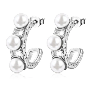 Silver textured hoop earrings featuring three inlaid white pearls for a French vintage look