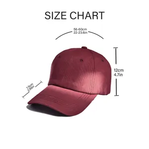Detailed size chart showing circumference and brim dimensions for tie-dye baseball caps