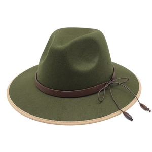 Detail of olive green fedora wool hat with beige edge binding and decorative brown leather band