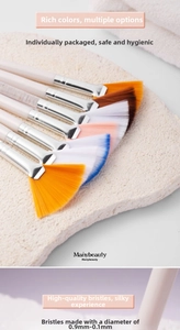 Detail view of colorful fan brushes with 0.1mm soft bristles and pink handles for skincare