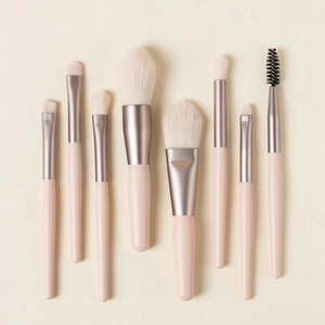 Detail of 8pcs mini travel makeup brushes set with soft bristles in Morandi pink