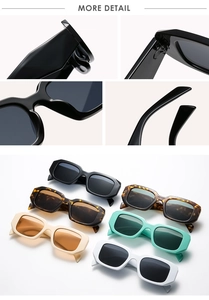 Detail view of stylish thick-frame sunglasses showing hinges and multiple color options