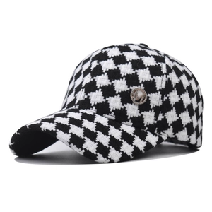 Houndstooth Baseball Cap Tweed Fabric Metal M Logo Rhinestone Decorative Outdoor Casual Fashion Sunshade Hat For Women