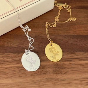 925 Sterling Silver Necklace With Oval Rose Engraved Pendant Retro Minimalist Polished Jewelry For Women
