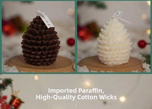 Detailed view of pinecone scented candles with natural textures and cotton wicks