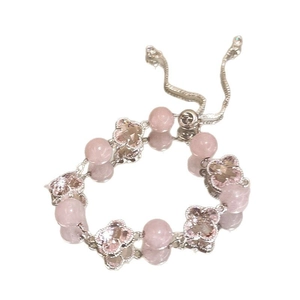 Pink crystal clover beaded bracelet with adjustable woven rope and four-leaf charms