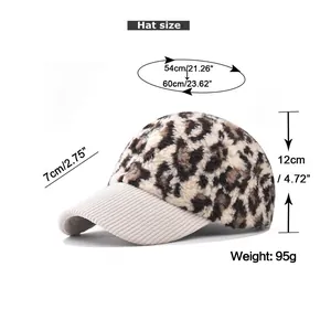 Detailed size chart for leopard print baseball cap with corduroy brim and measurements