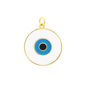 Macro view of blue enamel evil eye charm with polished 18K gold plated brass finish