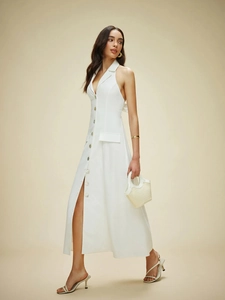 White halter neck V-neck button-up midi dress with suit collar and flap pockets