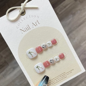 Handmade cherry summer toenail press-ons with pink glitter and rhinestone accents