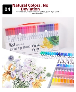 Detailed set of 72 dual-tip watercolor brush pens with fine liners and floral drawing