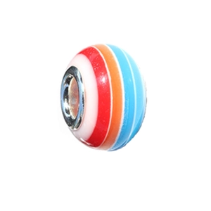 Detail of colorful striped resin beads with silver metal core for DIY bracelet making