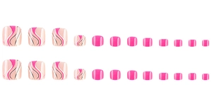 Flat lay of pink and nude press-on toe nails with black wave patterns, 24 pieces set