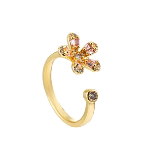 Golden butterfly open ring with pink zircon stones and sparkling round crystal details
