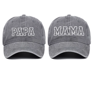 Close-up of PAPA and MAMA white embroidery on washed cotton charcoal baseball caps set