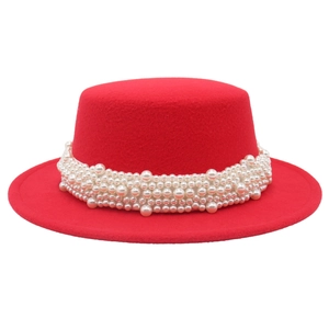 Chapeau Canotier Style Français Feutre De Laine Calotte Plate Large Bord Élégant Bande De Künstliche Perles Vintage Pour Femmes