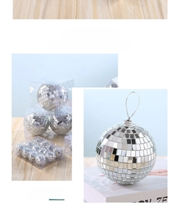 Close-up of silver disco mirror balls in single hanging and multi-pack set options