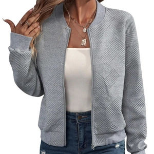Women's gray zip-up jacket with geometric quilted texture and ribbed cuffs