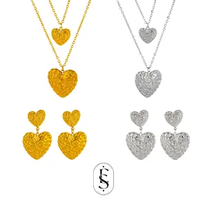 Titanium Steel Wrinkled Heart Double Layer Necklace Stud Earrings Jewelry Set Individual Fashion Gold Steel Color Women Jewelry