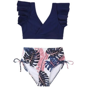 Costume da bagno due pezzi bambina con top a balze blu navy e slip a fiori
