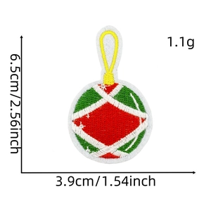 Detail showing dimensions of a red and green Christmas ball embroidered patch