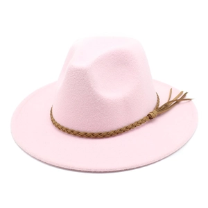 Pink wool fedora hat with dark brown braided leather band and decorative tassel detail