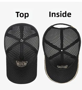 Detail of breathable black mesh baseball cap with shield embroidery and interior view