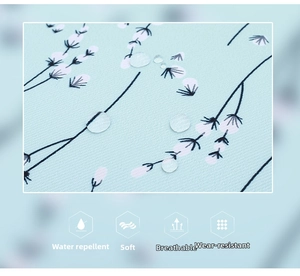 Gros plan sur un tissu floral bleu clair hydrofuge avec icônes de respirabilité et durabilité