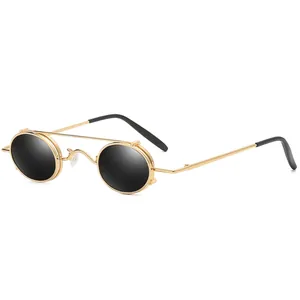 Round Steampunk Sunglasses Metal Frame Flip Up Double Layer Retro Punk Gothic Eyewear For Men Women Small Oval Lens