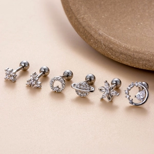 Set of 6 stainless steel cartilage studs with cubic zirconia flowers and celestial shapes