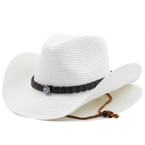 White woven straw cowboy hat with turquoise bead band and adjustable chin strap