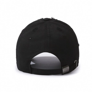 Vintage black distressed cotton baseball cap with ripped details and metal strap buckle