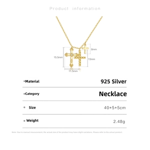 Detailed spec sheet showing 925 silver cross pendant necklace dimensions and material