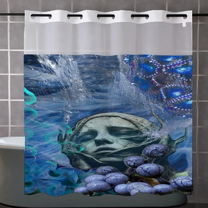 Detail of dark blue waffle fabric shower curtain with artistic deep sea creature prints