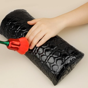 Professional black PU leather nail hand pillow set with red tulip shaped dust brush