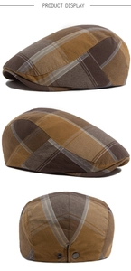 Vues détaillées de côté et d'arrière d'une casquette plate vintage à carreaux écossais