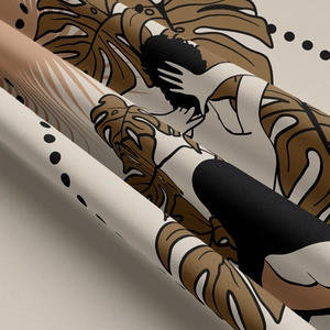 Artistic monstera leaf and figure line art tapestry in warm earthy beige tones