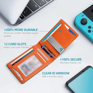 Slim orange vegan leather RFID blocking bifold wallet with 12 card slots and money clip