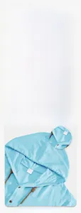 Close-up of light blue breathable linen fabric with 180G weight and woven drawstring details