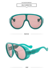 Front and side view of jelly green oversized sunglasses with tea lenses on white background