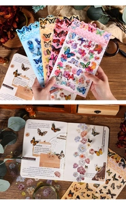 Retro butterfly PET stickers showing packaging and creative DIY journal application scene