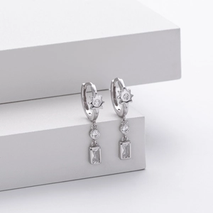 S925 sterling silver star hoop earrings with dangling square zircon crystals on white block