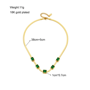 18K gold plated snake chain necklace with five square emerald green crystals