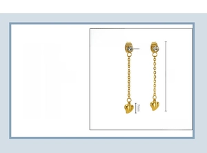 Detail view of 18K gold plated tassel heart earrings with dimensions 4cm length and 7mm width