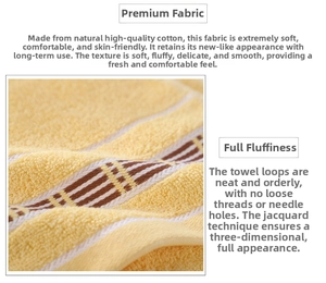 Detailed close-up of premium yellow cotton towel with woven stripes and jacquard texture