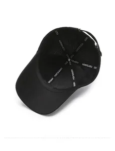 Detail view of the black baseball cap showing the interior lining and narason logo taping