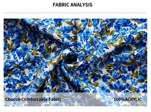 Detail shot of 100% acrylic knit fabric with blue and green floral pattern