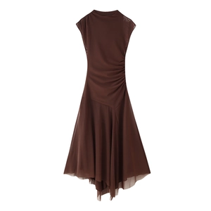 Detailed view of dark brown mesh sleeveless dress with ruched texture and irregular hemline